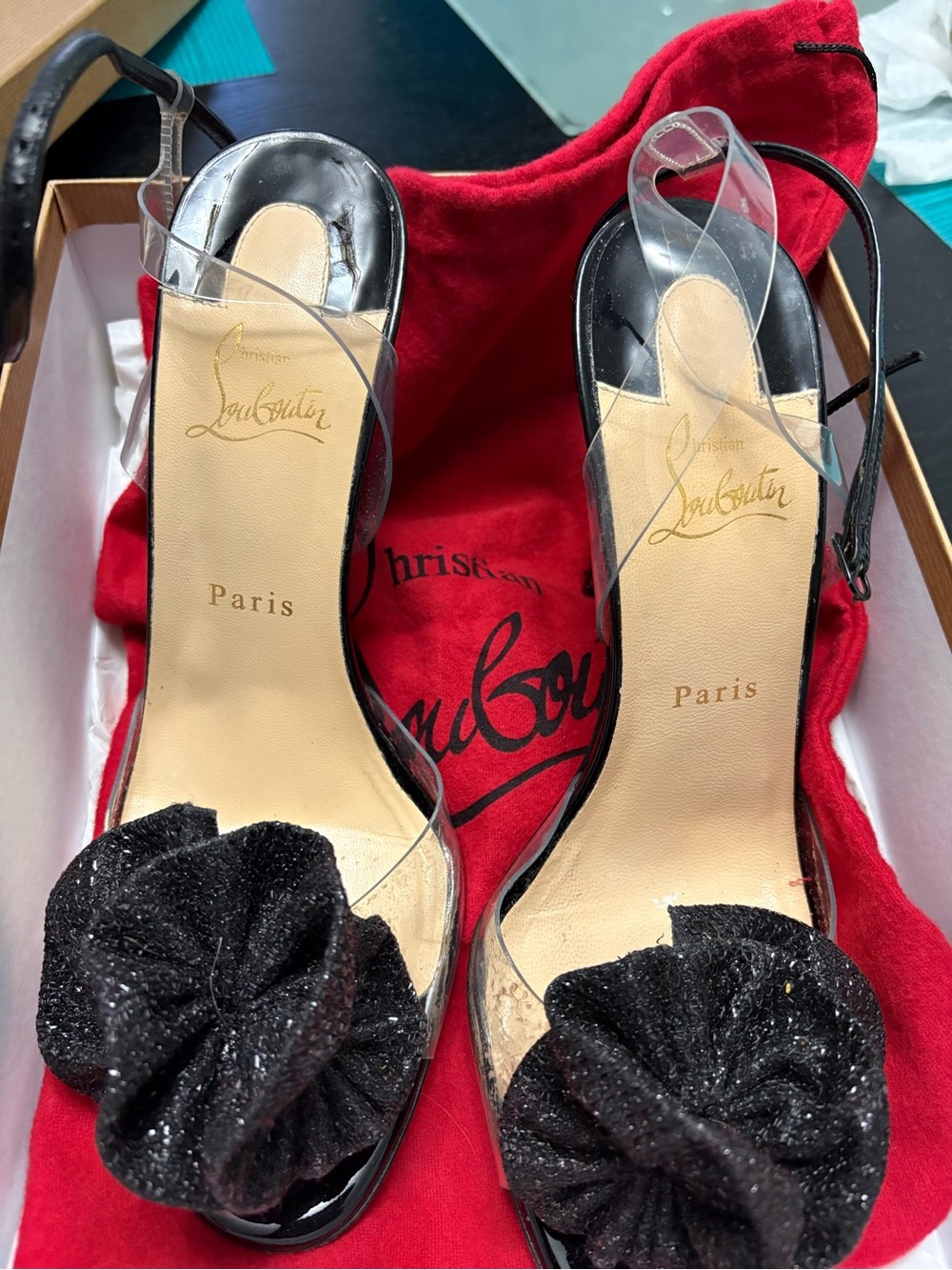 Christian Louboutin Black Patent Clear-strap Heels with Glitter Bow